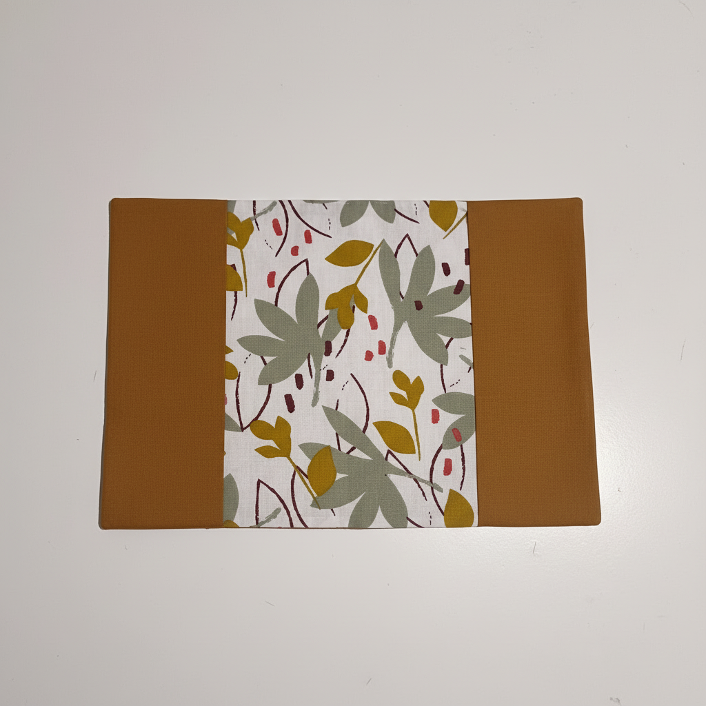 Vue intérieure dépliée d'un protège carnet de santé : tissu central à feuilles abstraites (sauge, ocre) et rabats latéraux couleur caramel.