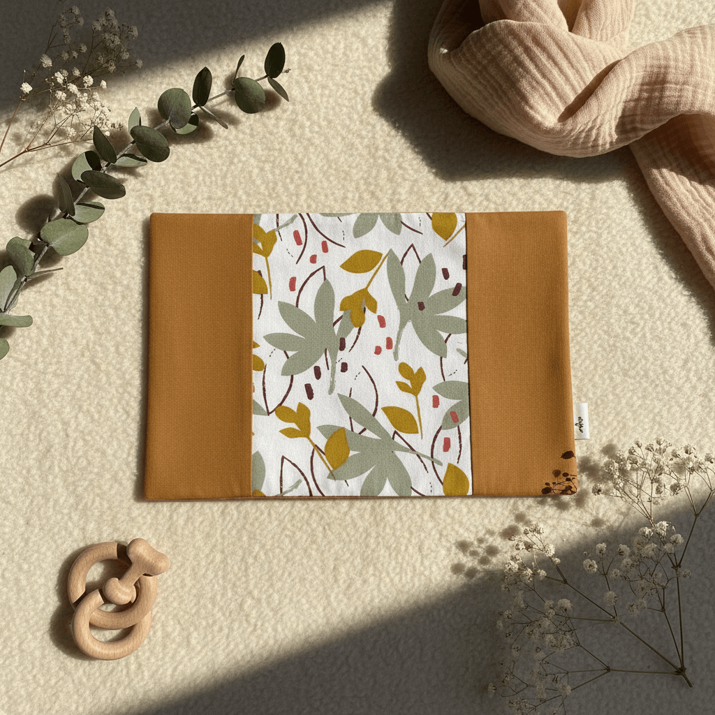 Mise en scène cocooning : protège carnet de santé ouvert motif feuilles posé sur une peau de mouton avec un anneau de dentition en bois et des fleurs séchées.