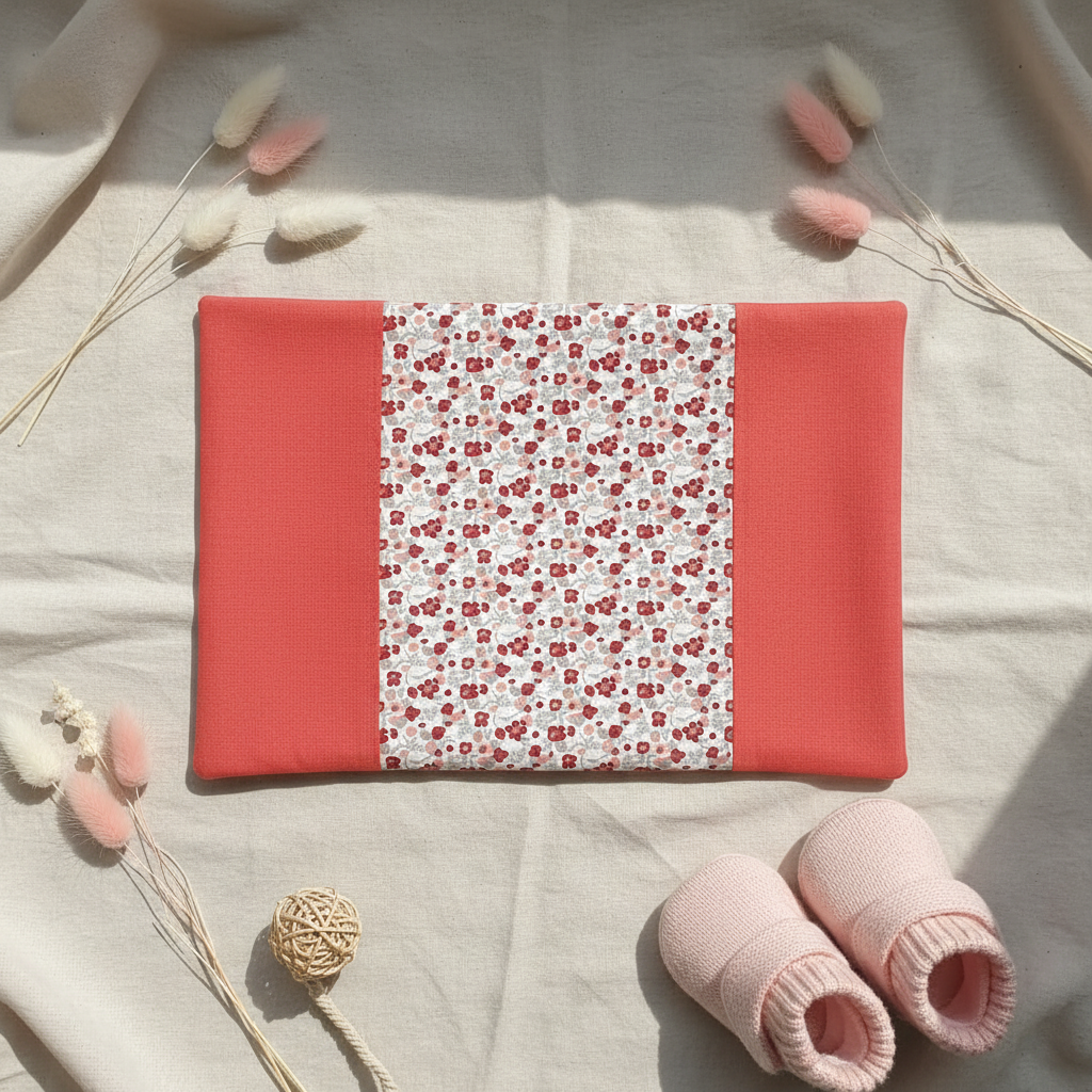 Mise en scène douce : carnet de santé motif fleurs liberty posé à plat, accompagné de petits chaussons de naissance en tricot rose pâle.