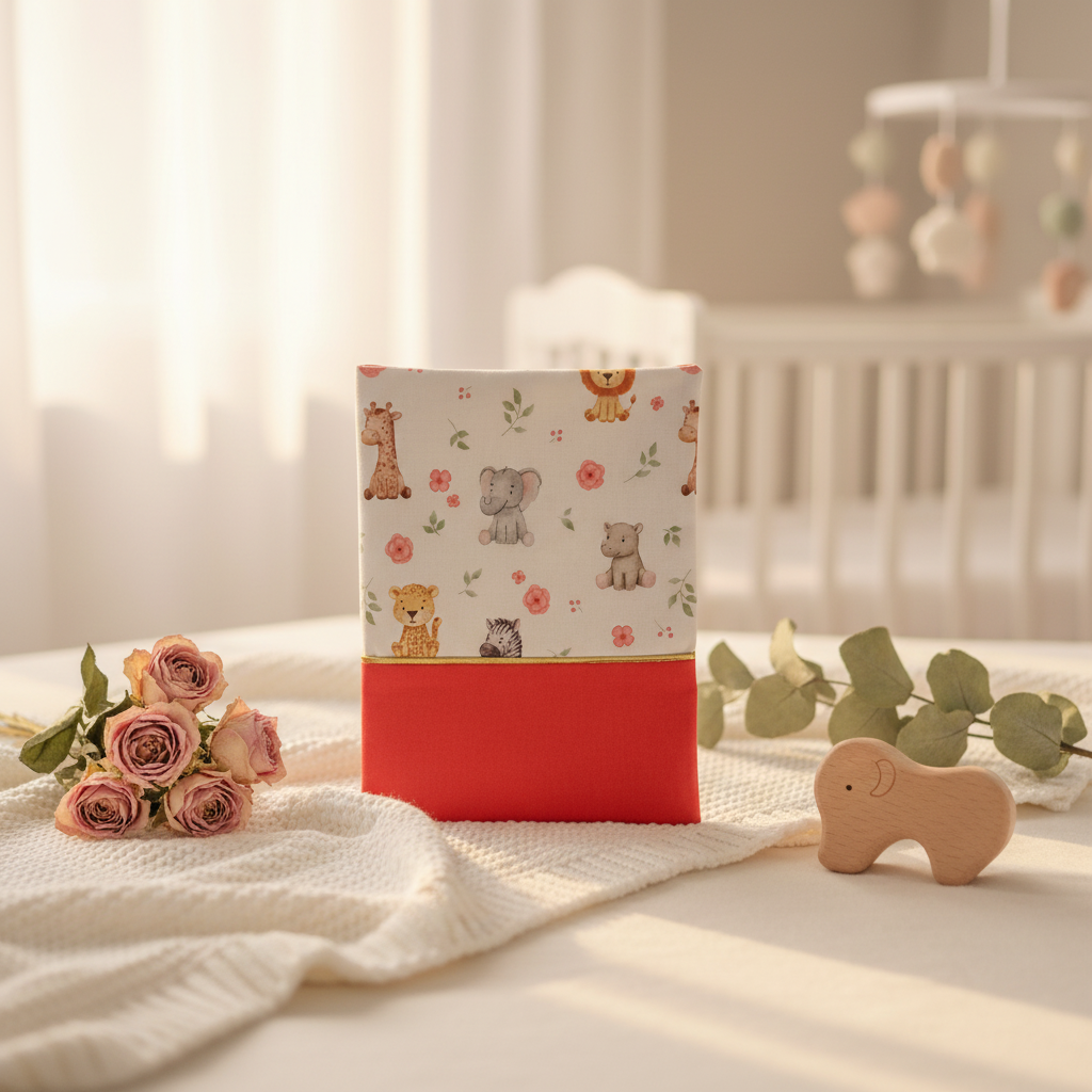 Accessoire de naissance personnalisé posé debout devant un lit de bébé, entouré de roses séchées et d'un jouet éléphant en bois.