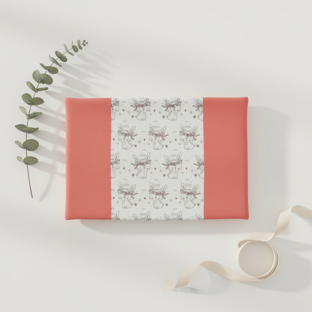 Mise en scène à plat (flatlay) sur fond blanc : protège carnet de santé motif lapin floral entouré d'une branche d'eucalyptus et d'un ruban crème.