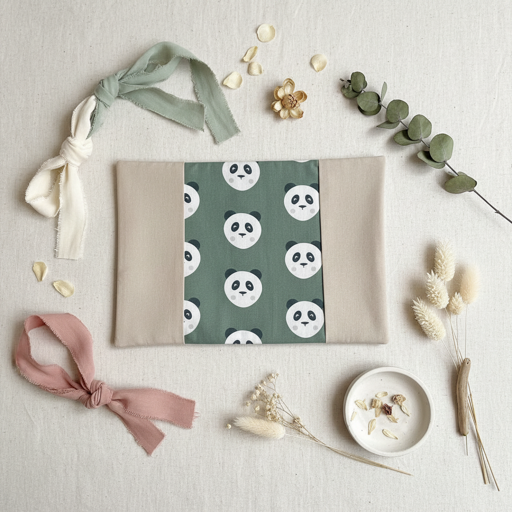 Composition à plat (flatlay) avec un protège carnet de santé panda, entouré de rubans pastels et de fleurs séchées pour une inspiration cadeau.