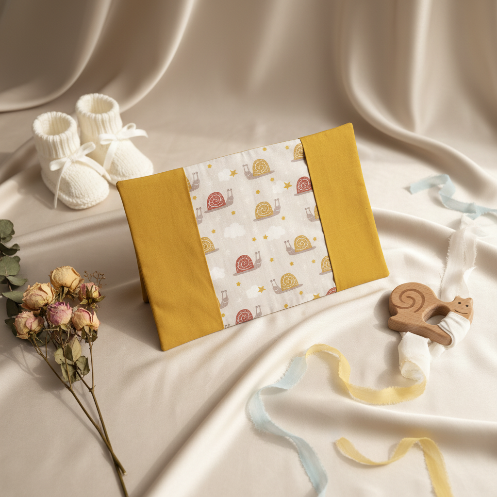 Mise en scène poétique : protège carnet de santé ouvert motif escargots, accompagné de chaussons de naissance blancs et d'un jouet en bois naturel.