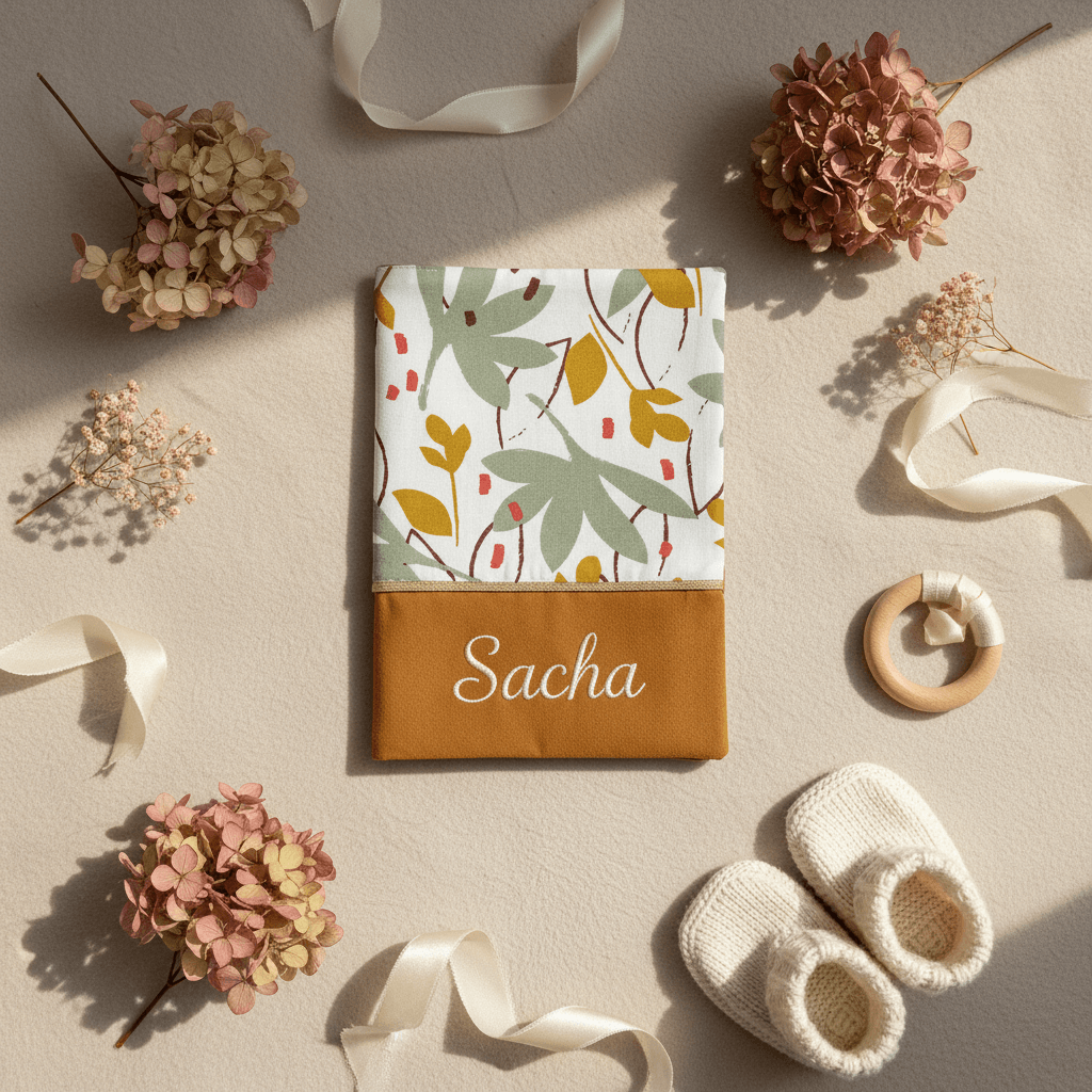 Mise en scène poétique d'un protège carnet de santé personnalisé Sacha au motif végétal automnal, entouré de chaussons de naissance en tricot et d'hortensias séchés.
