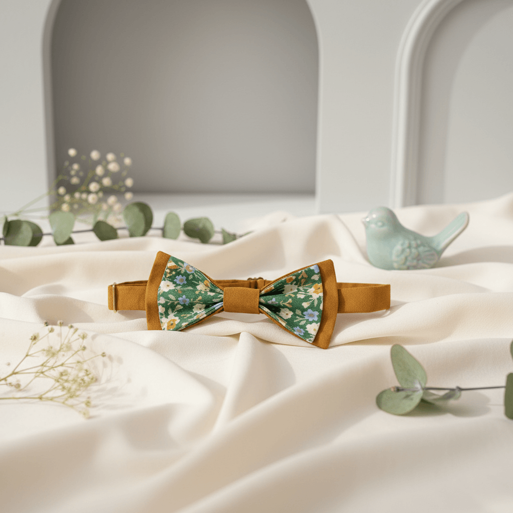 Mise en scène bohème chic avec un nœud papillon couleur caramel/ambre posé près de fleurs séchées.