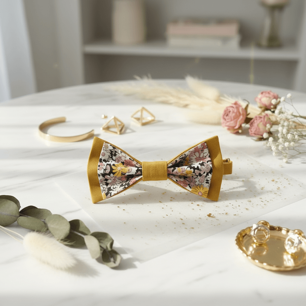 Composition d'accessoires de mariage bohème : nœud papillon moutarde, bijoux dorés et fleurs séchées sur une table en marbre.