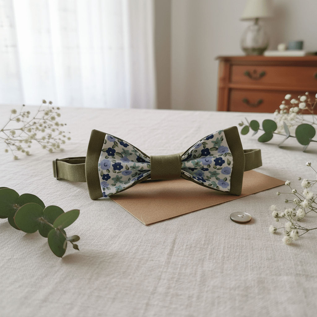 Mise en scène style mariage champêtre avec nœud papillon vert et fleuri posé près de branches d'eucalyptus et de fleurs de gypsophile.