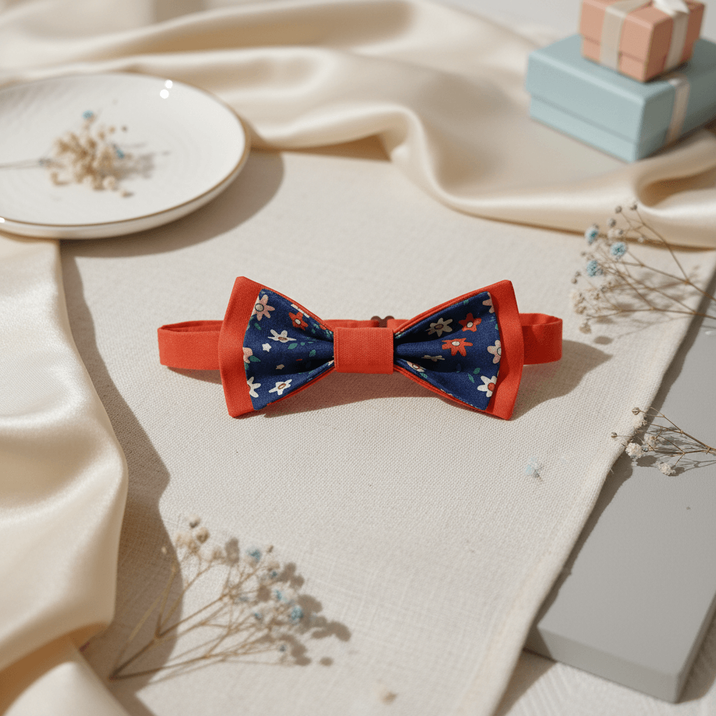 Nœud papillon bicolore rouge coquelicot et bleu marine fleuri posé sur une table avec décoration de mariage et boîtes cadeaux.