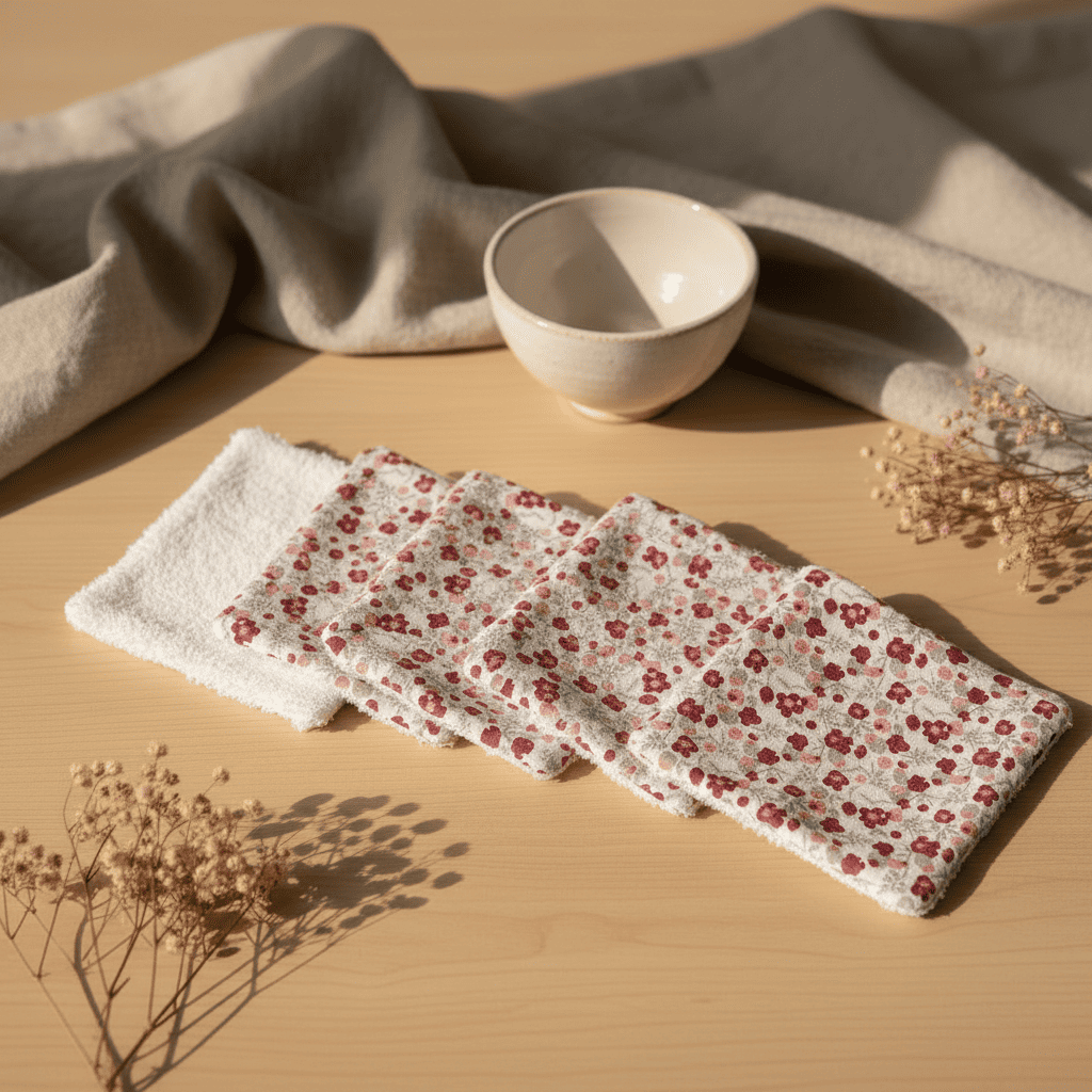 Lot de lingettes démaquillantes fleuries étalées sur une table en bois avec décoration naturelle.