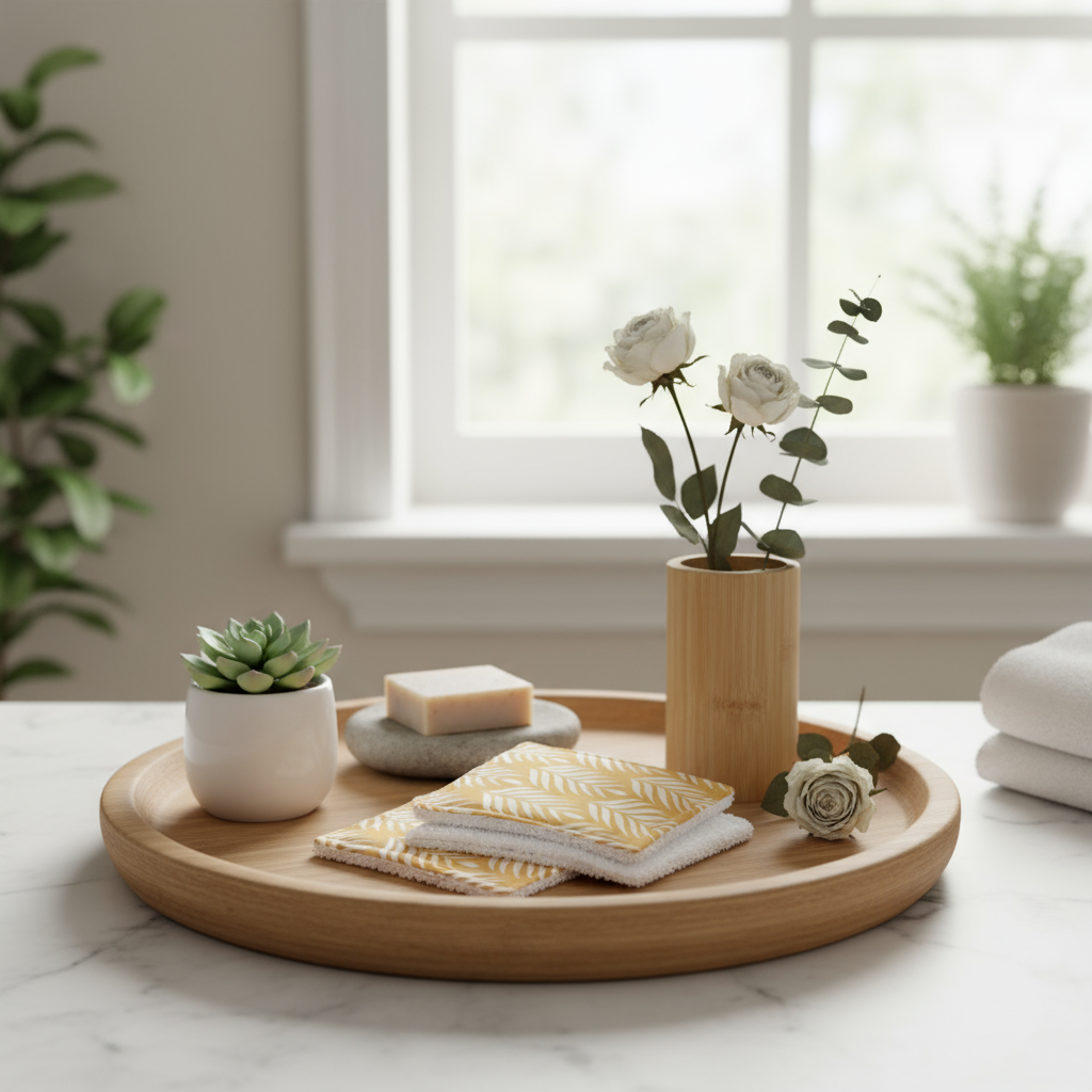 Mise en scène zen de lingettes lavables motif palmes moutarde sur un plateau en bois. Ambiance salle de bain nature avec plantes et savon.