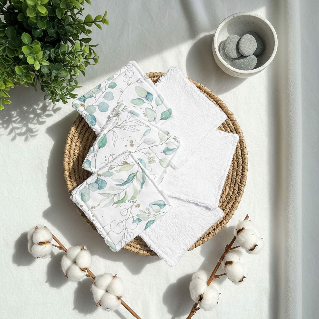 Mise en scène nature de lingettes lavables bébé motif eucalyptus présentées dans une corbeille, décorée avec des fleurs de coton. Ambiance douceur et zéro déchet.