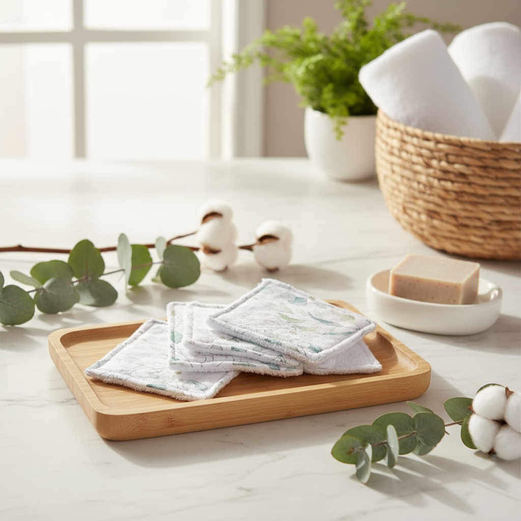 Lingettes lavables motif eucalyptus présentées sur un plateau en bois dans une salle de bain ambiance zen. Décoration naturelle avec savon et fleurs de coton.