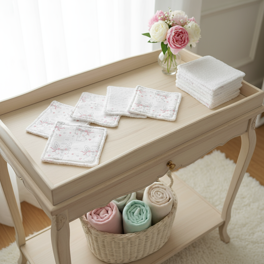 Mise en scène de lingettes lavables motif lapin fleuri sur une table avec des fleurs. Ambiance douceur et chambre enfant pour le soin de bébé.
