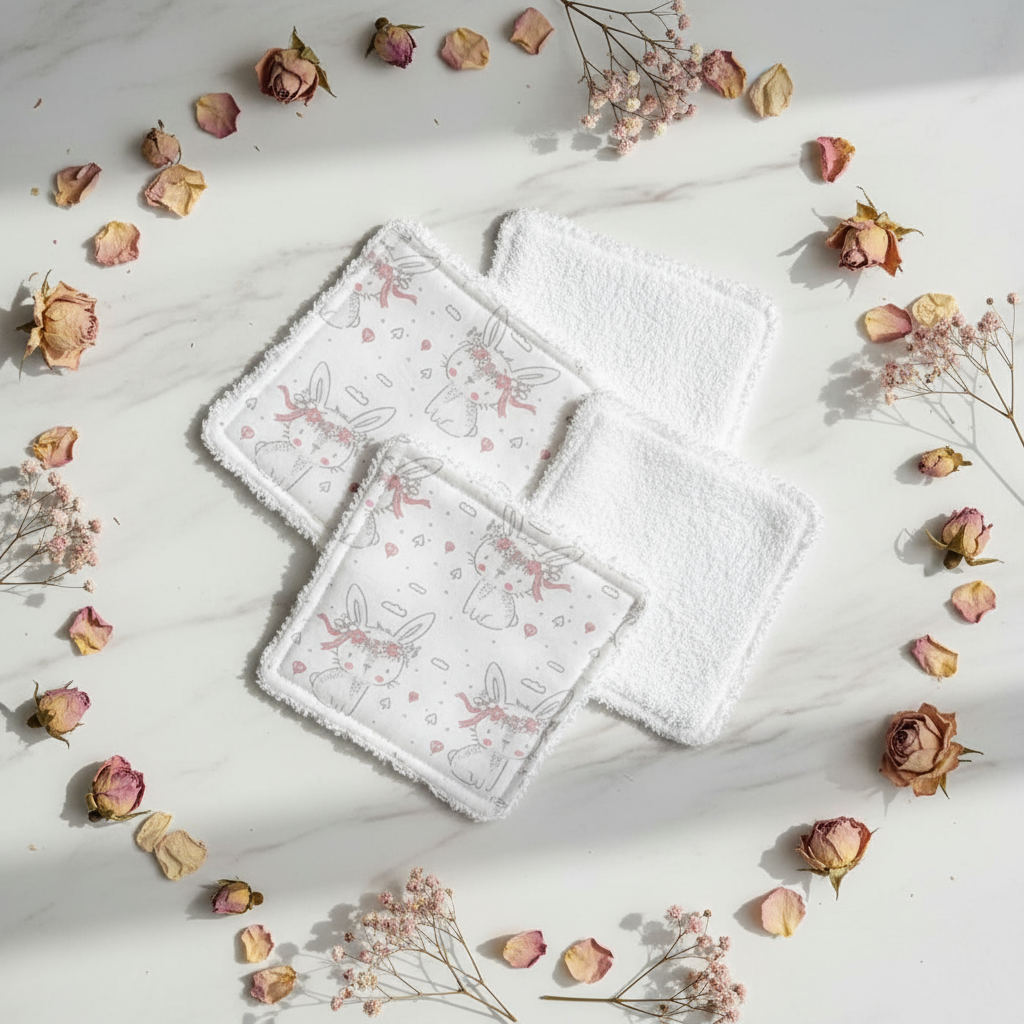 Mise en scène poétique de lingettes lavables motif lapin fleuri entourées de pétales de roses séchées. Ambiance douceur et nature pour le soin de bébé.