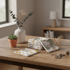Lot de lingettes lavables bébé faites main motif feuillage sauge et ocre empilées sur table en bois brut, avec vase céramique blanc, eucalyptus et plante succulente terracotta