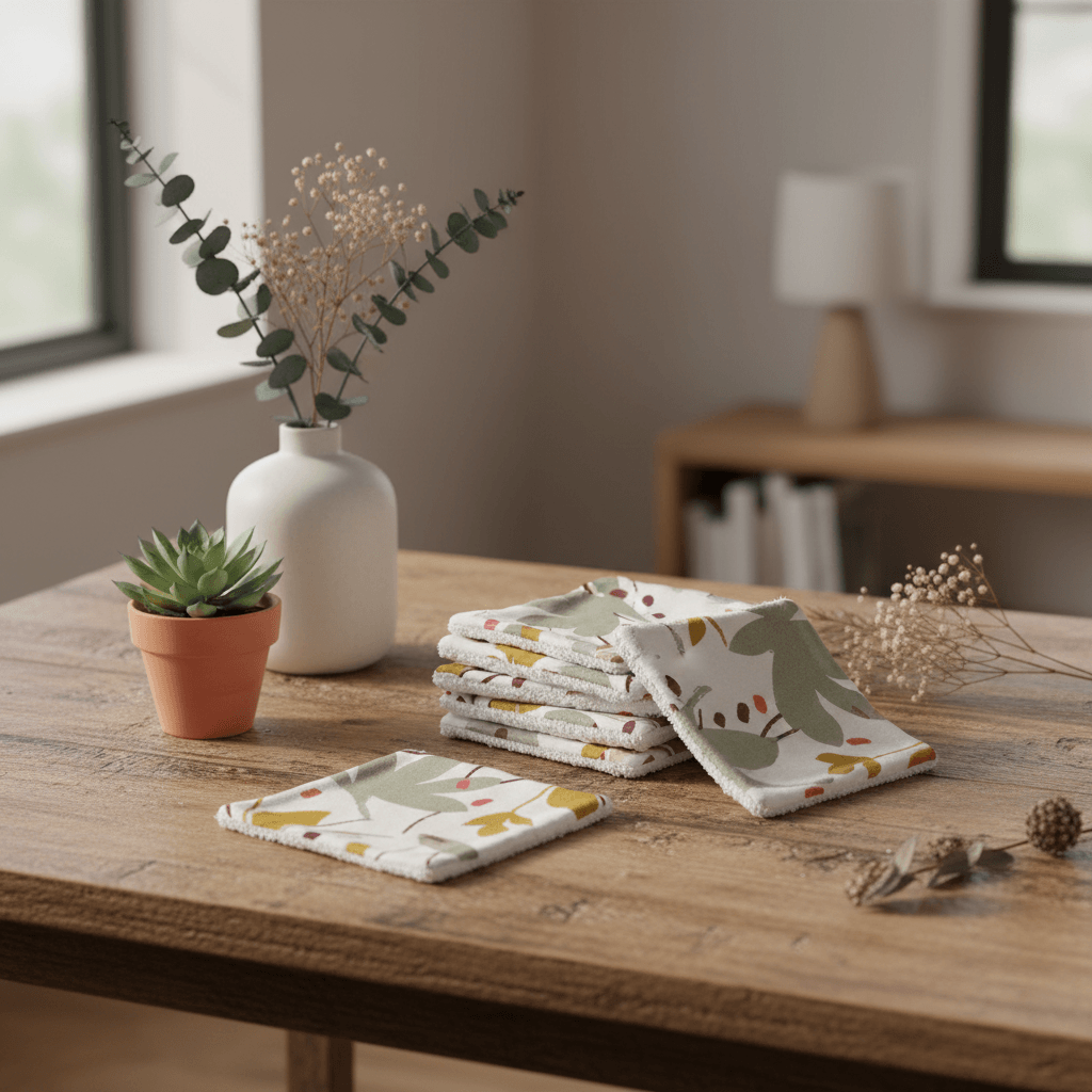 Lot de lingettes lavables bébé faites main motif feuillage sauge et ocre empilées sur table en bois brut, avec vase céramique blanc, eucalyptus et plante succulente terracotta