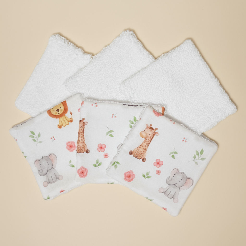Lot de lingettes lavables bébé étalées, motif animaux de la savane (lion, girafe, éléphant) et éponge bambou blanche.