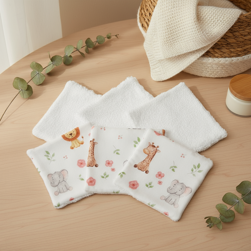 Mise en scène nature de lingettes lavables motif savane sur fond bois. Accessoire zéro déchet pour chambre bébé thème jungle.