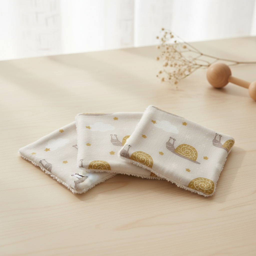 Lot de lingettes lavables bébé motif escargots et nature. Face coton imprimé et face éponge bambou blanche.