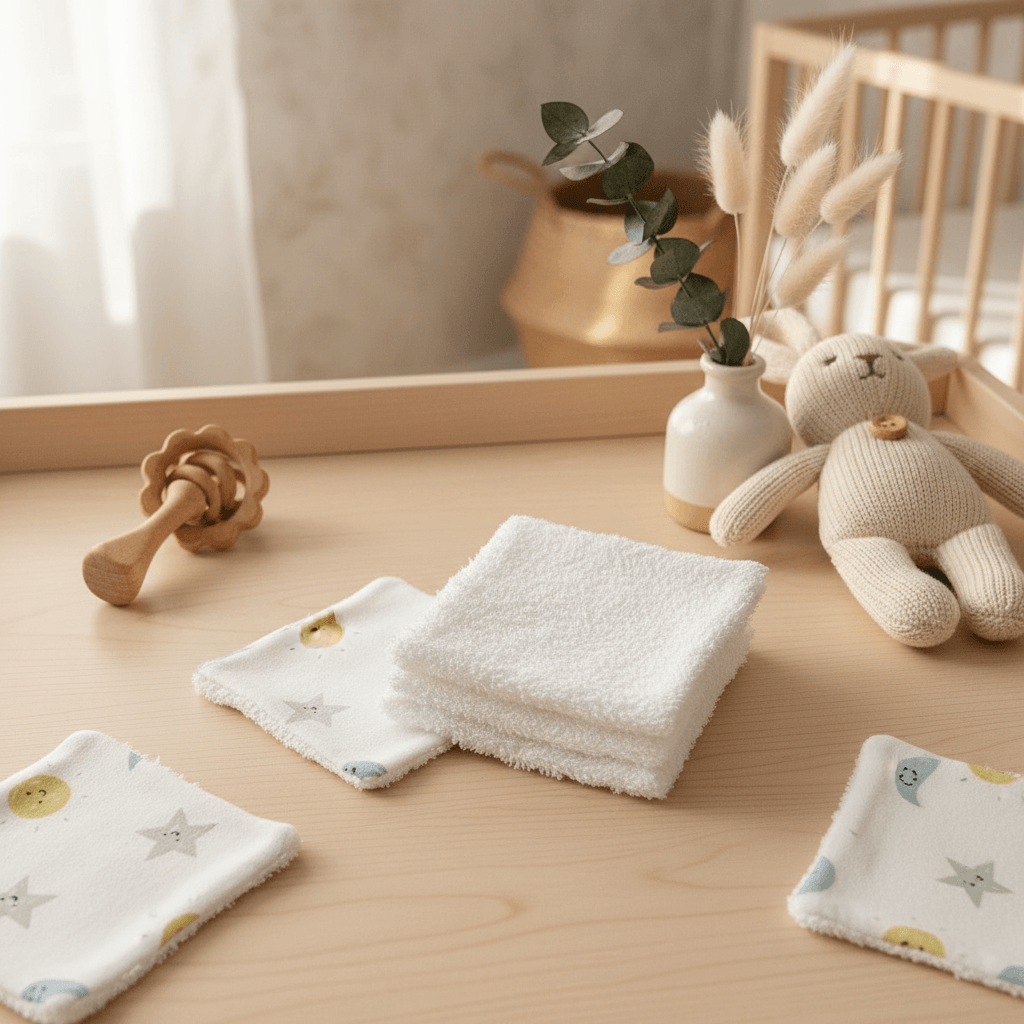 Lingettes bébé en coton, motifs lune et étoiles, sur table en bois près d'un doudou tricoté dans une chambre d'enfant.