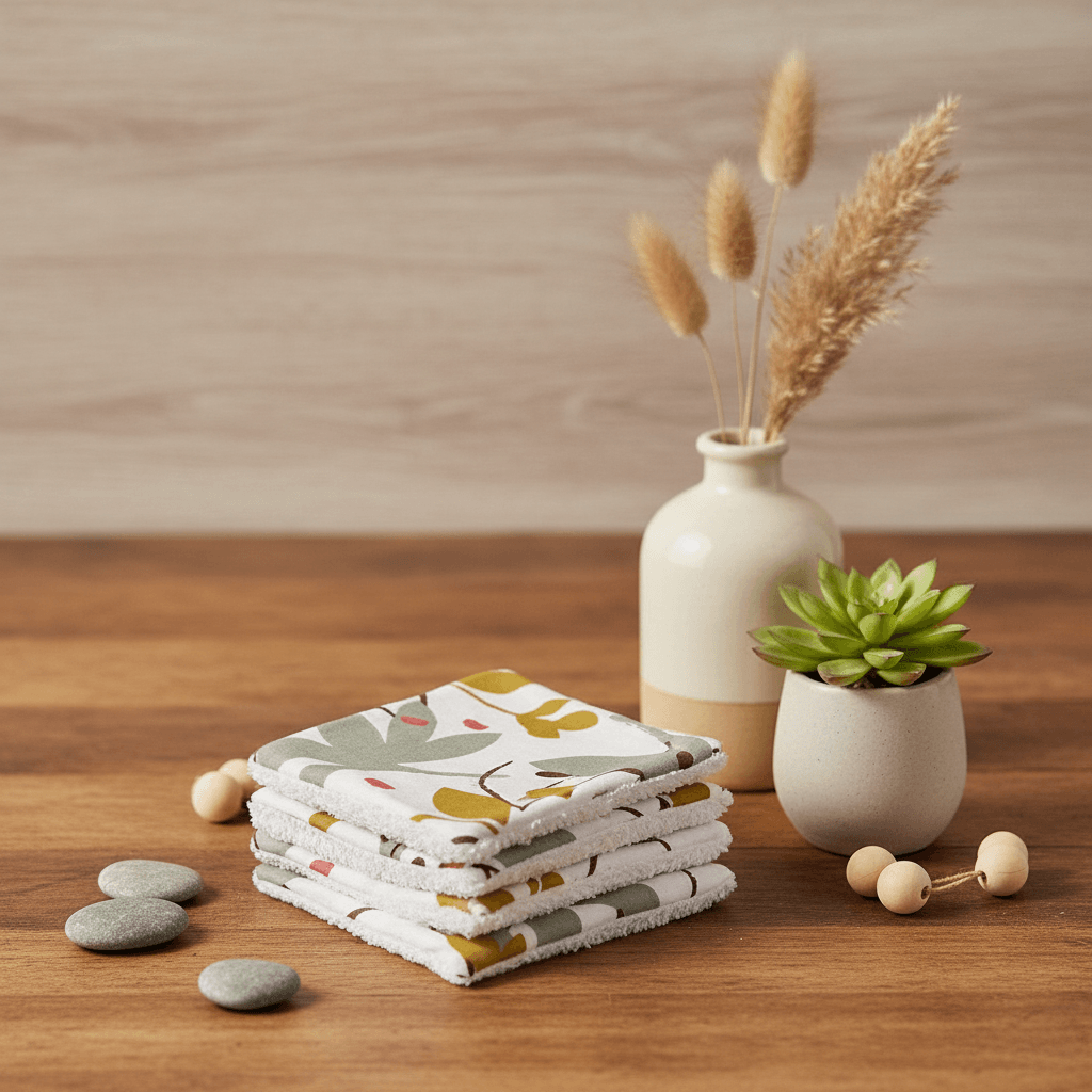 Pile de lingettes lavables bébé faites main motif floral sauge et ocre, éponge blanche apparente, mise en scène sur table bois avec vase céramique, pampas et plante succulente