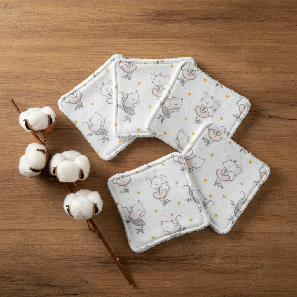 Mise en scène nature de lingettes lavables bébé motif souris ballerine sur fond bois. Décoration douceur avec branche de fleurs de coton.