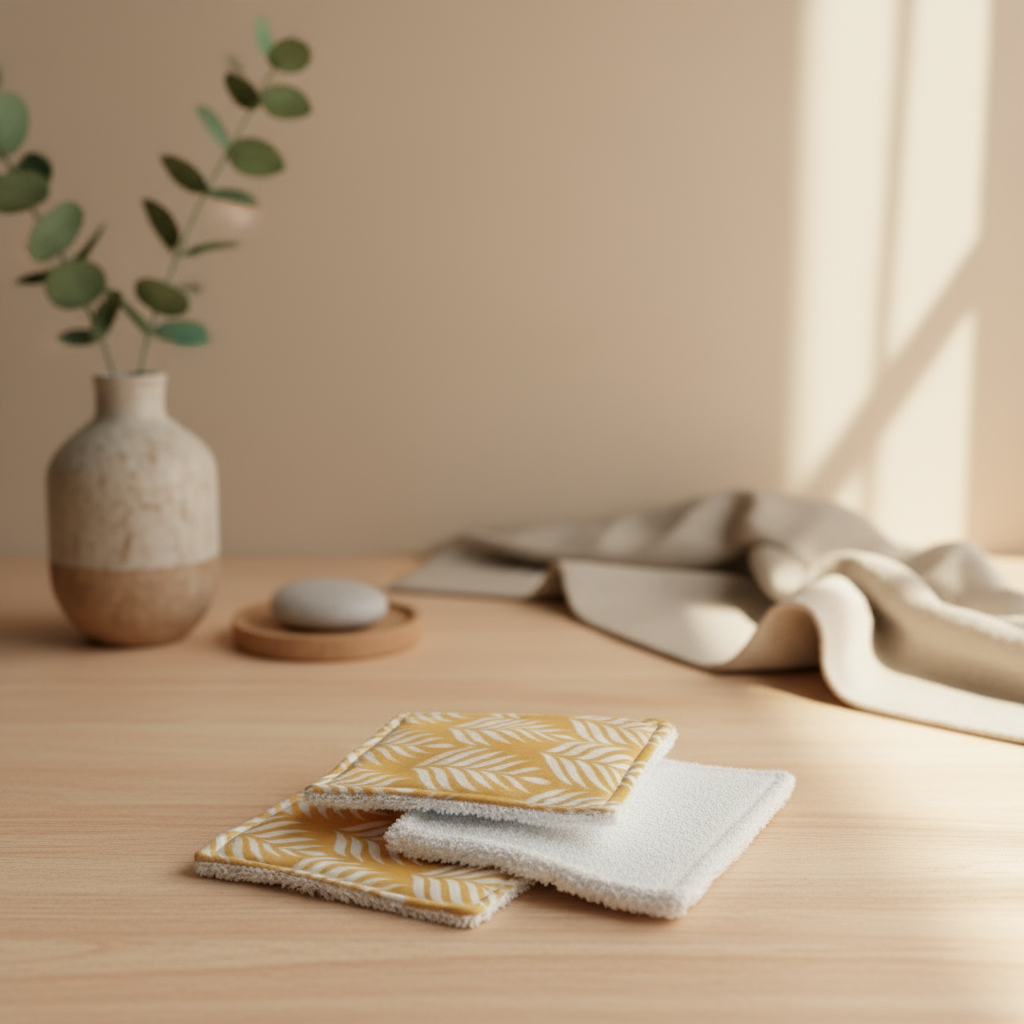 Mise en scène de lingettes lavables motif palmes moutarde et éponge bambou posées sur une table en bois. Ambiance décoration naturelle et zen avec vase.