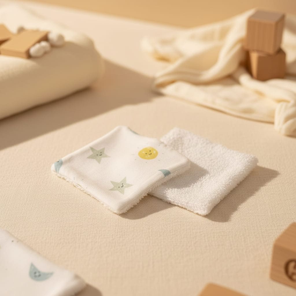 Lingettes lavables bébé présentées côté pile et face : tissu motif soleil lune et éponge bambou douce