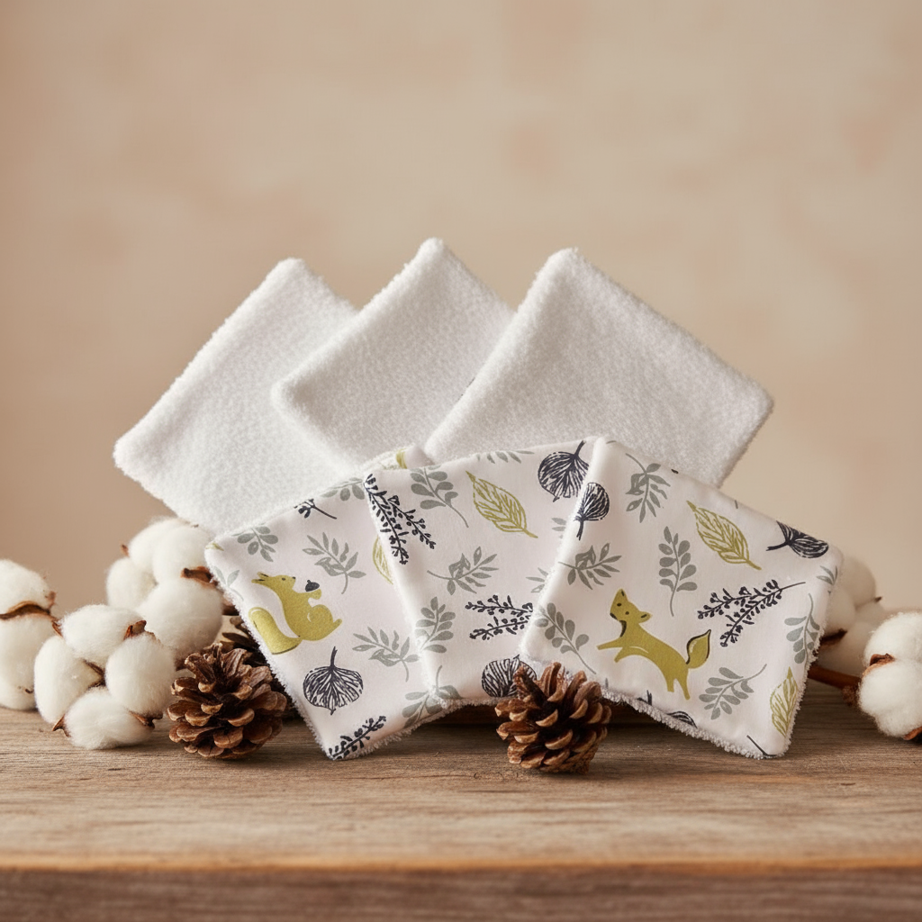 Mise en scène automnale de lingettes lavables bébé motif renard et feuillage. Décoration nature avec pommes de pin et fleurs de coton sur bois.