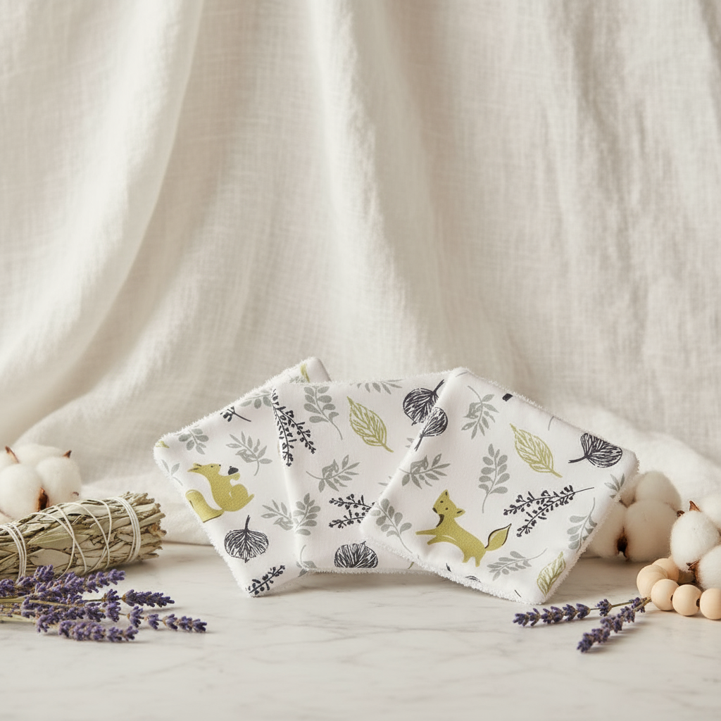 Mise en scène zen de lingettes lavables motif renard des bois. Décoration bien-être avec lavande et sauge pour le soin de bébé.