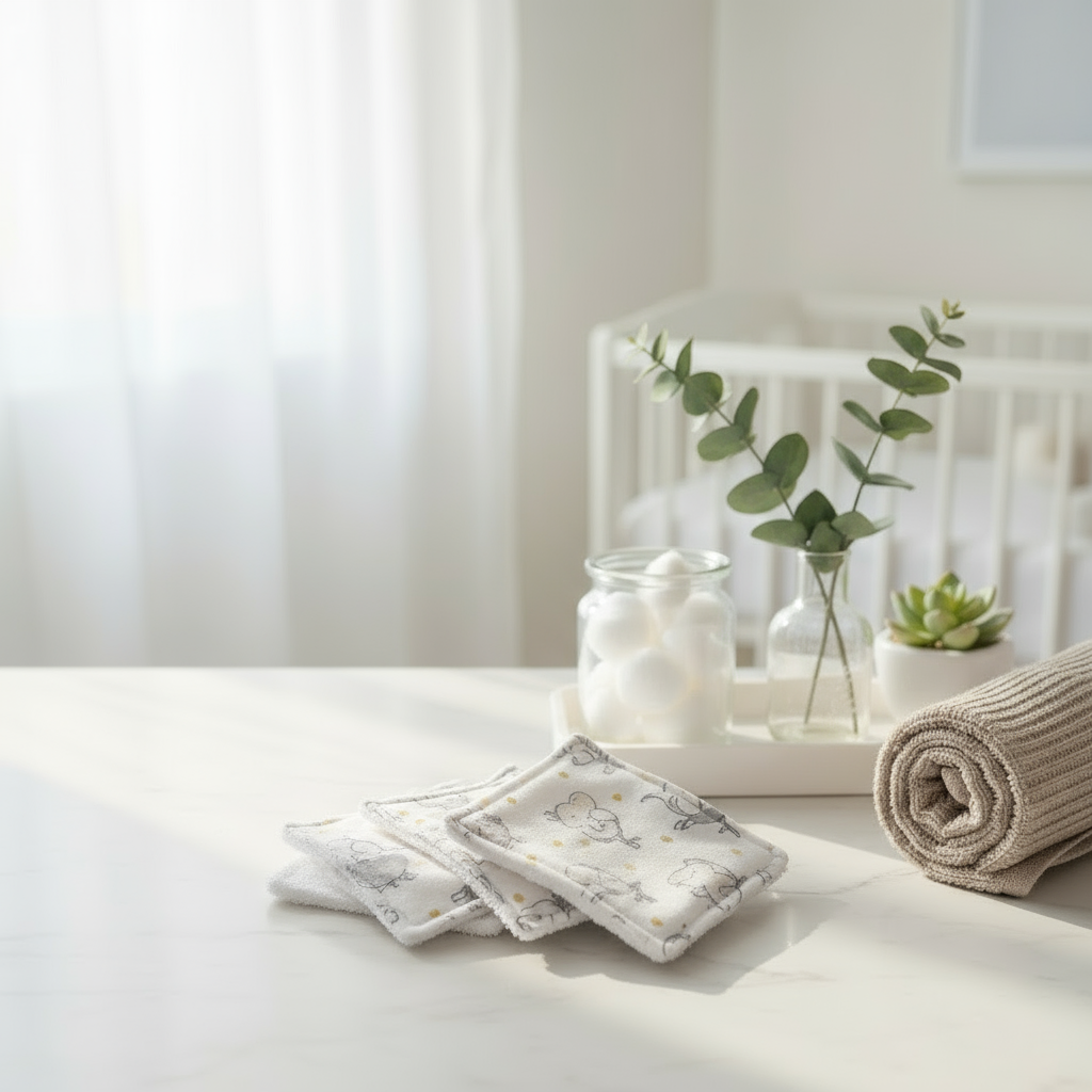 Mise en scène douce de lingettes lavables motif souris ballerine dans une chambre de bébé blanche et lumineuse.