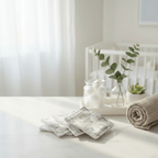 Mise en scène douce de lingettes lavables motif souris ballerine dans une chambre de bébé blanche et lumineuse.