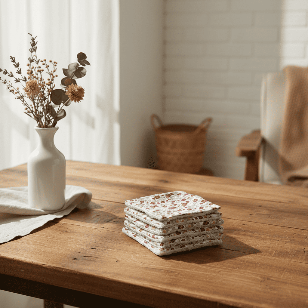 Lingettes lavables motif fleurs posées en pile sur une table en bois dans une ambiance douce.