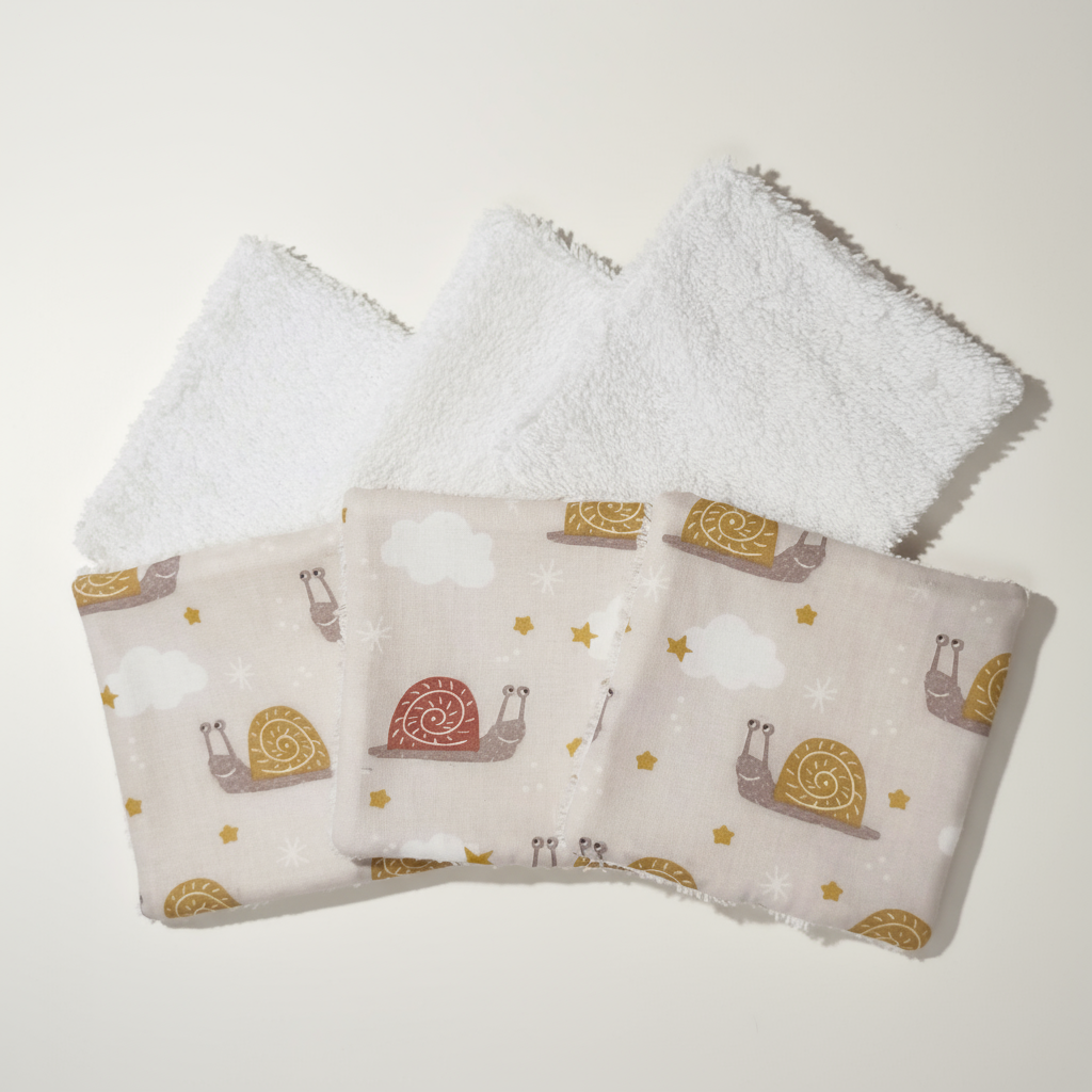 Vue recto-verso : tissu coton imprimé escargots rigolos et face éponge blanche pour le soin de bébé.