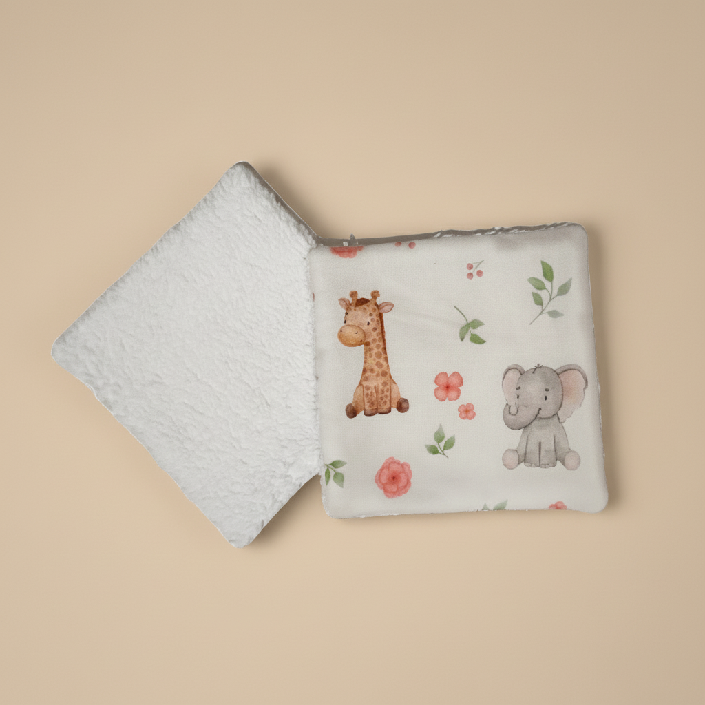 Vue recto-verso de deux lingettes : une face coton imprimé animaux sauvages et une face éponge blanche absorbante pour le change.