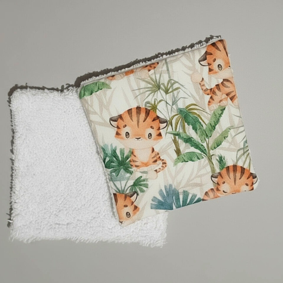 Vue recto-verso : tissu coton imprimé tigres mignons et face éponge blanche pour le soin de bébé.