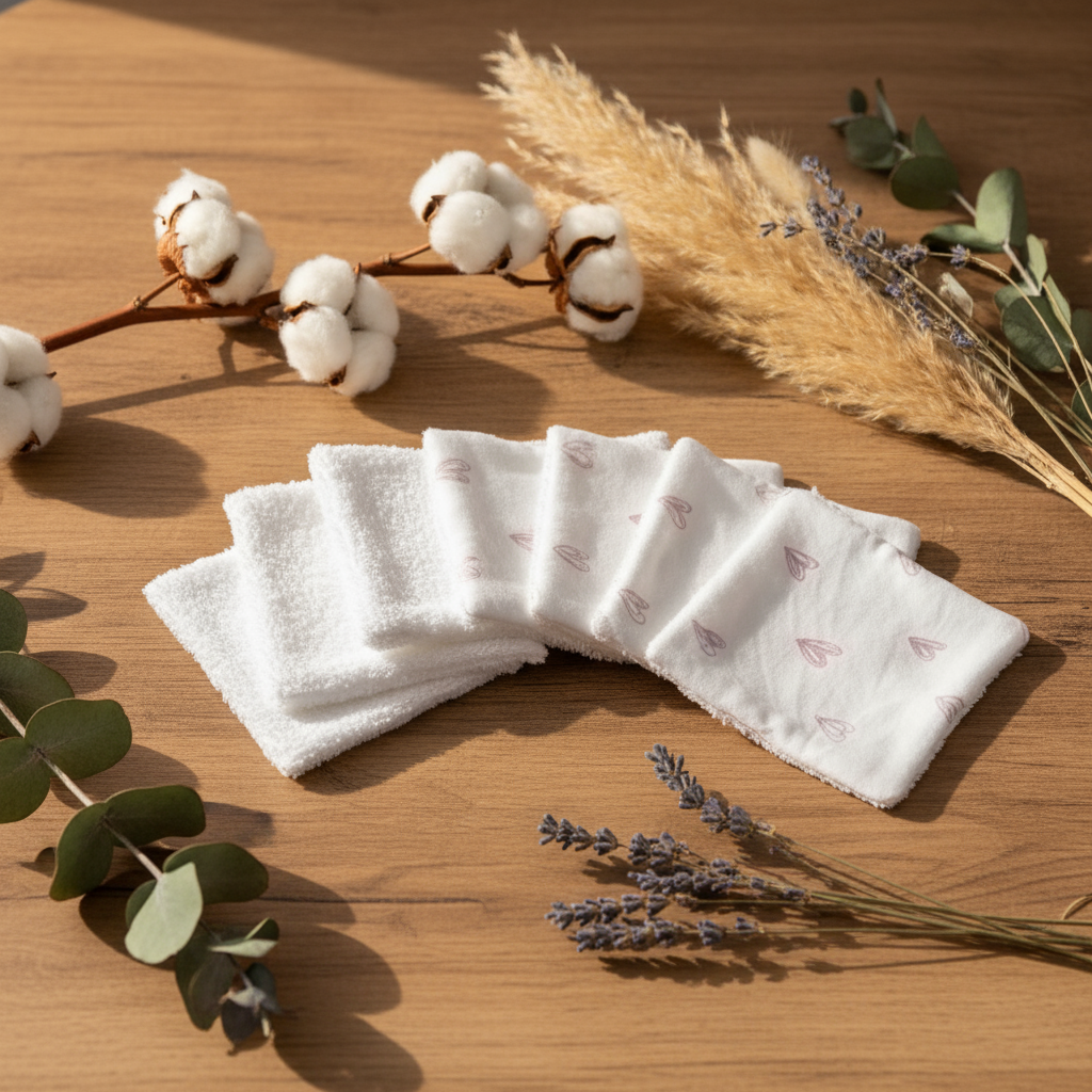 Mise en scène douce d'un lot de lingettes lavables bébé motif coeur. Décoration nature avec feuilles et fleurs de coton sur fond bois.