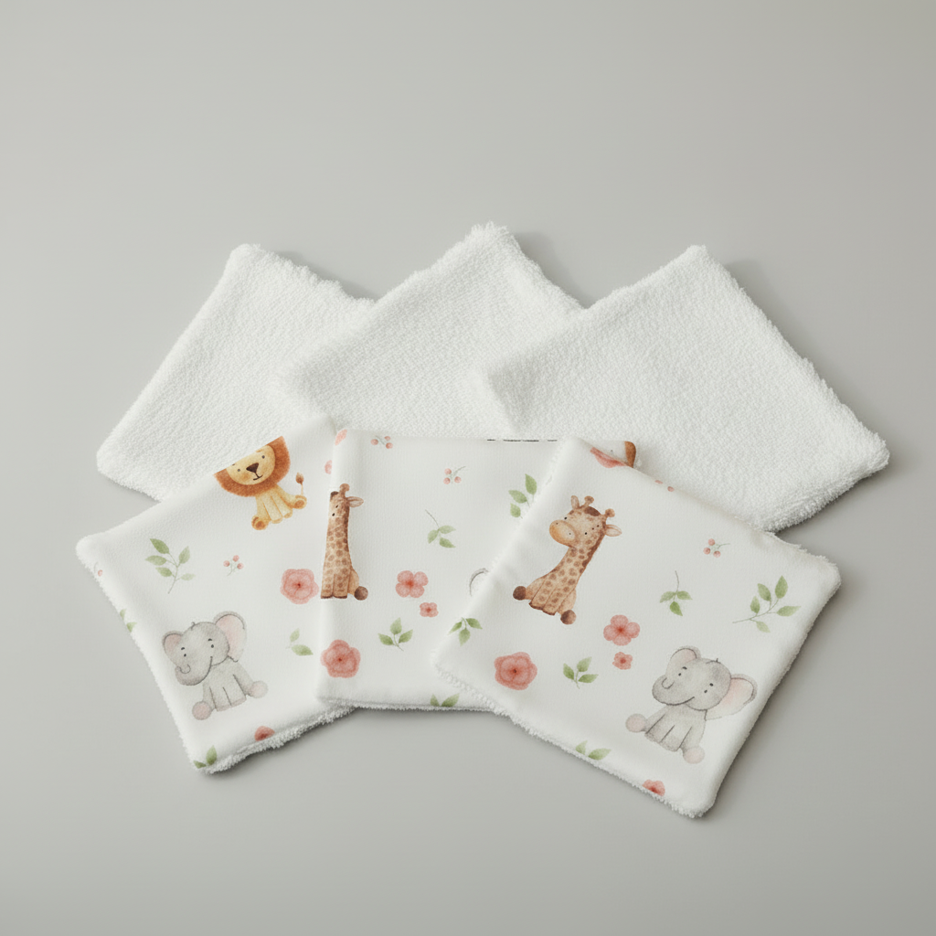 Ensemble de lingettes réutilisables écologiques : face éponge douce pour la toilette et face tissu imprimé animaux (lion, éléphant, girafe).