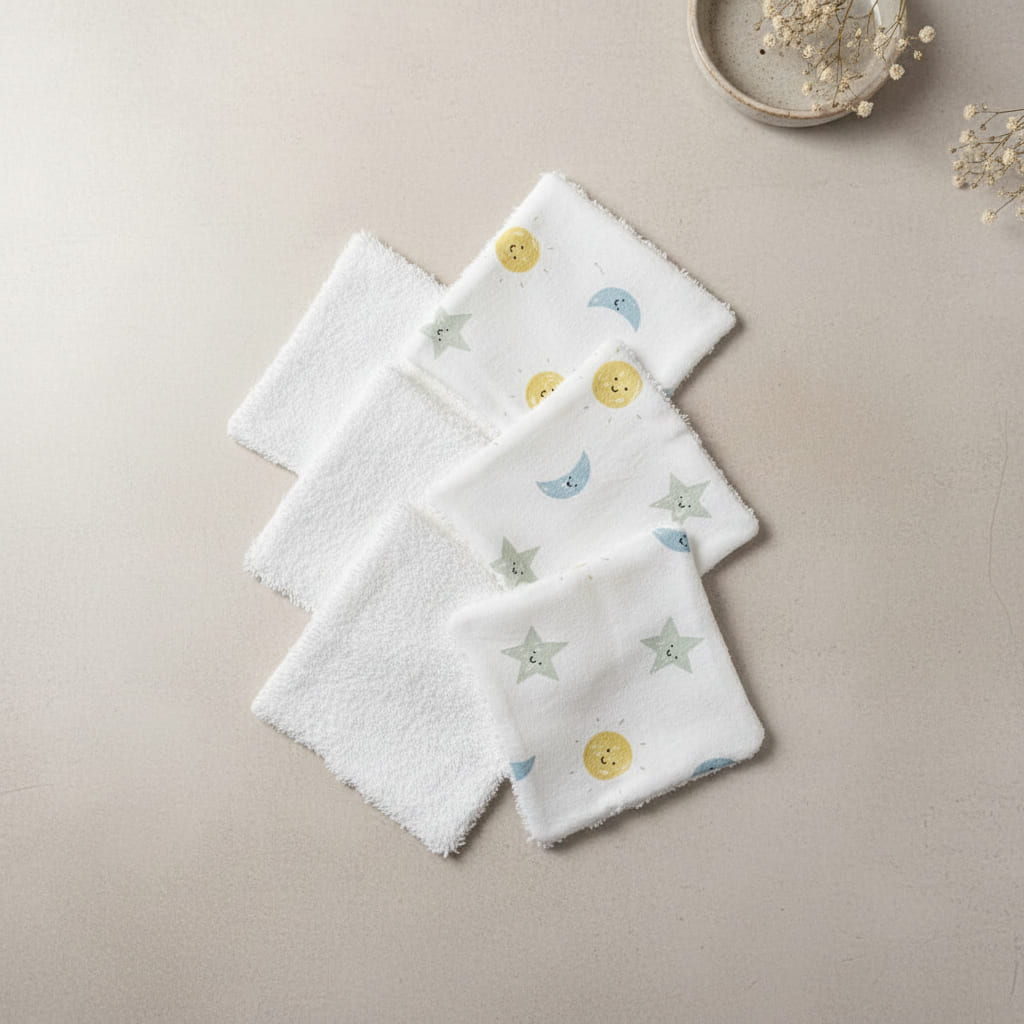 Vue de dessus d'un lot de lingettes lavables aux motifs célestes (soleils et lunes) étalées sur fond beige