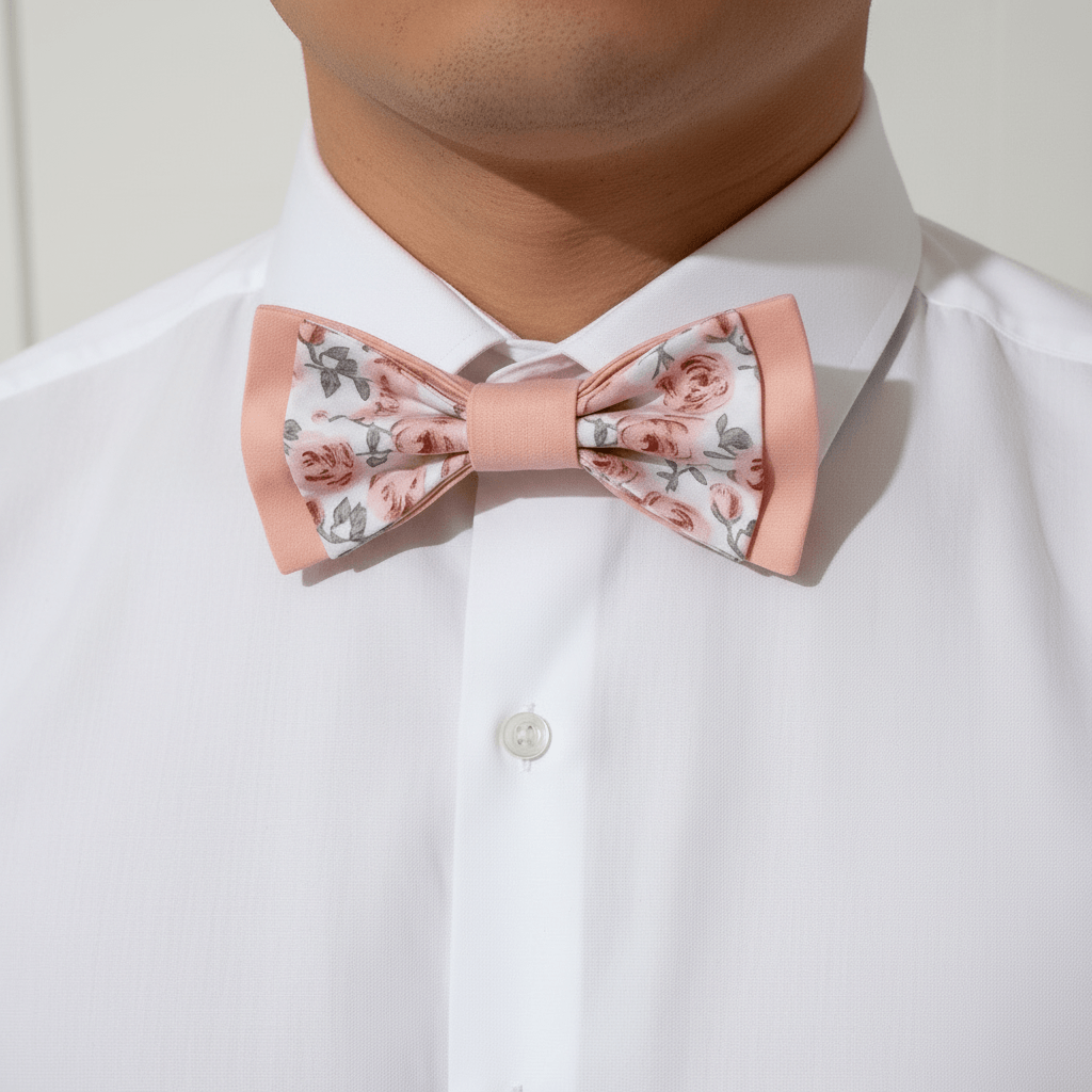 Gros plan sur un col de chemise blanche avec un nœud papillon double épaisseur rose saumon et motif floral romantique.