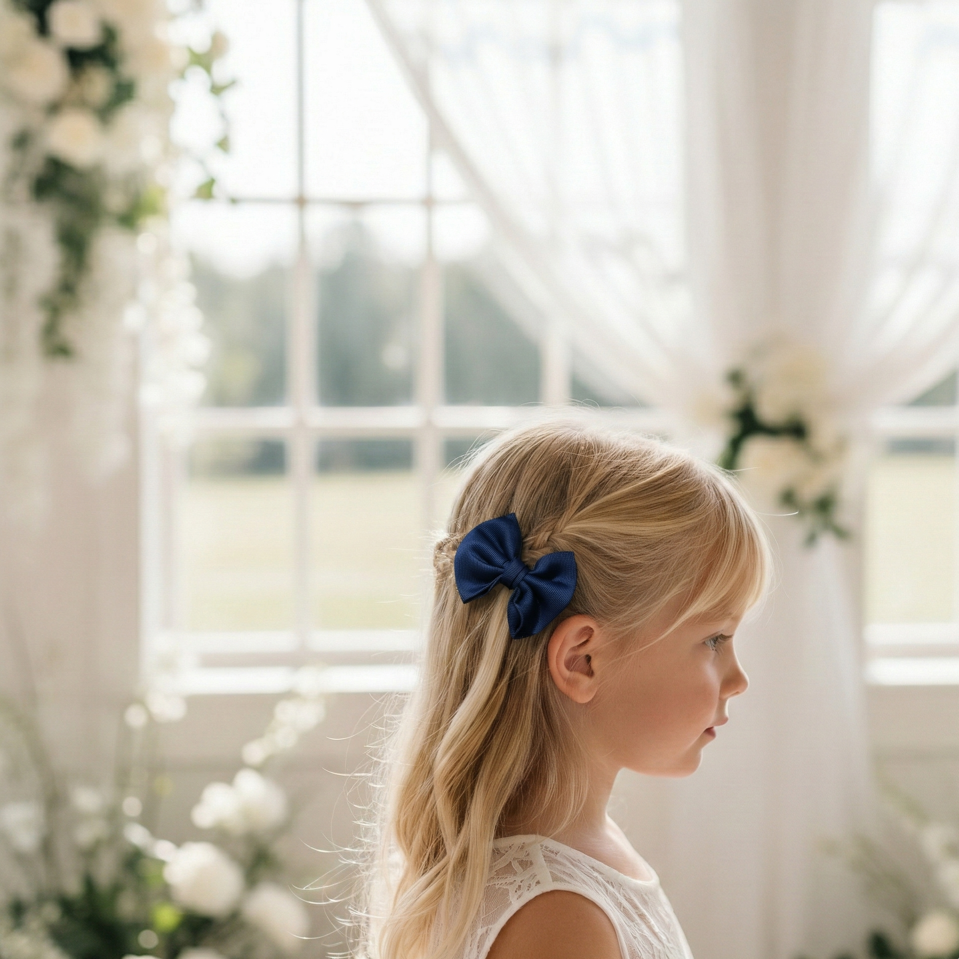 Portrait de profil d'une petite fille blonde portant un nœud papillon bleu marine dans les cheveux, vêtue d'une robe en dentelle blanche dans un décor de mariage lumineux.