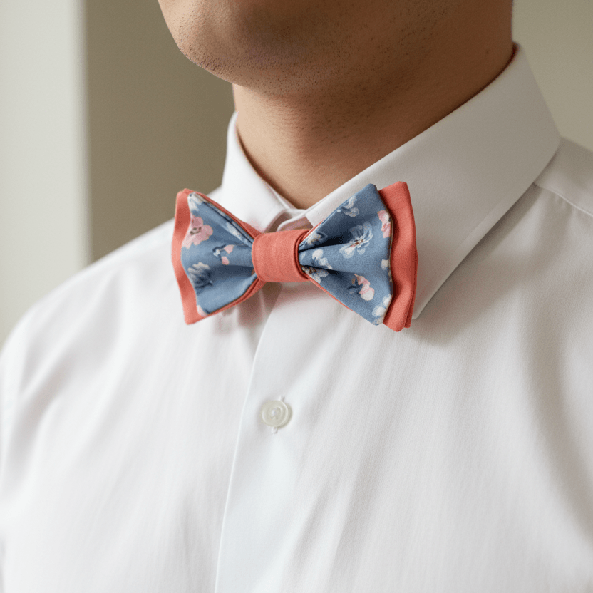 Nœud papillon adulte artisanal rose et tissu bleu à fleurs roses délicates, porté sur chemise blanche, idéal pour mariage ou baptême, fait main L'Atelier de Megh
