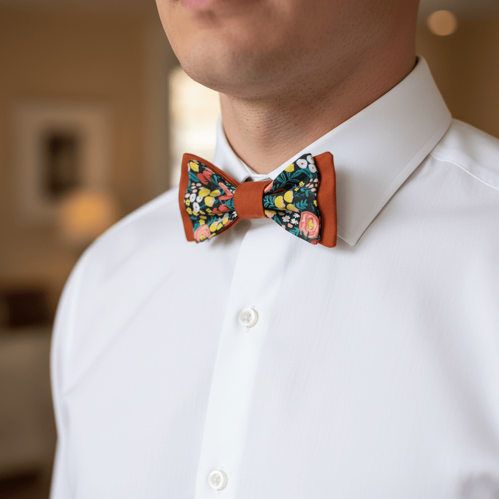 Nœud papillon adulte artisanal terracotta et motif floral coloré foncé porté sur chemise blanche, idéal pour mariage ou cérémonie, fait main L'Atelier de Megh