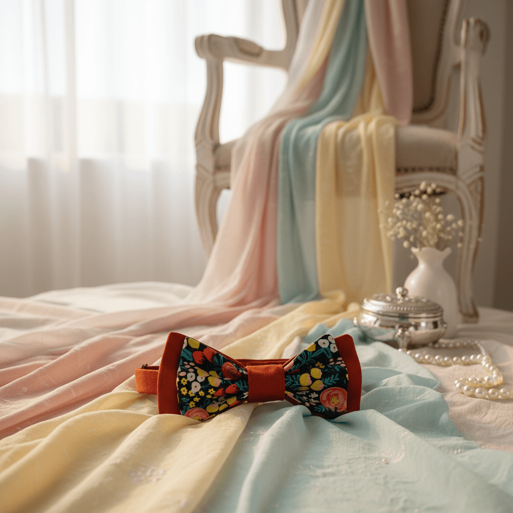 Nœud papillon adulte réglable en terracotta et tissu floral coloré foncé, mis en scène sur drapés de tulle pastel rose jaune et bleu avec collier de perles et fauteuil baroque