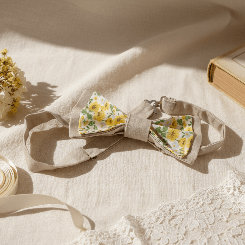 Nœud papillon fleuri posé sur un drapé en lin avec un livre ancien, de la dentelle et des fleurs séchées dans une ambiance lumineuse.