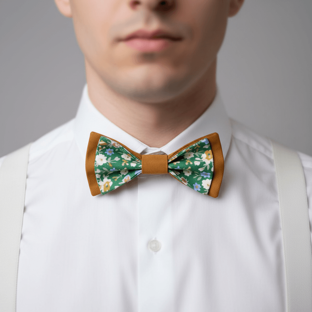 Gros plan sur le cou d'un homme portant un nœud papillon double couleur caramel et tissu floral vert et blanc.
