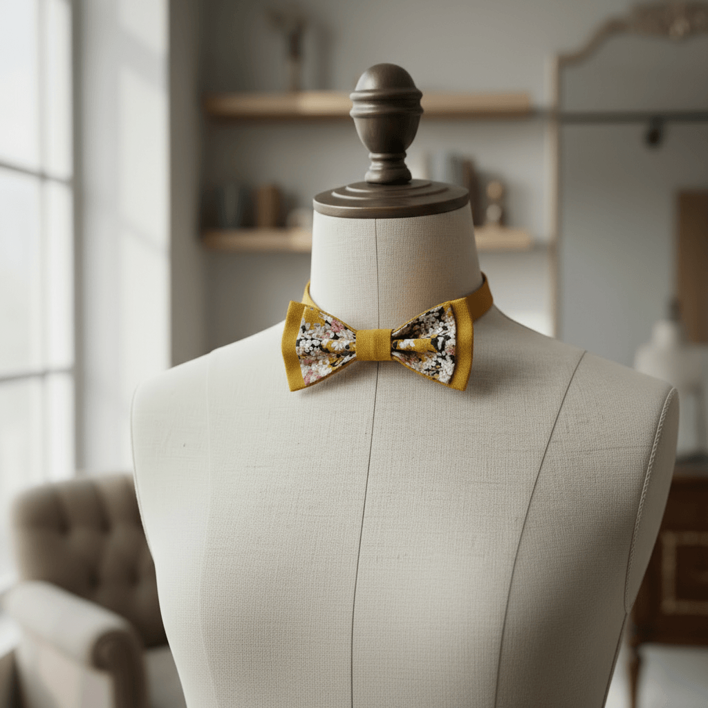 Nœud papillon bicolore couleur ocre et tissu à petites fleurs présenté sur un buste de mannequin pour un style rétro chic.
