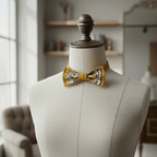 Nœud papillon bicolore couleur ocre et tissu à petites fleurs présenté sur un buste de mannequin pour un style rétro chic.
