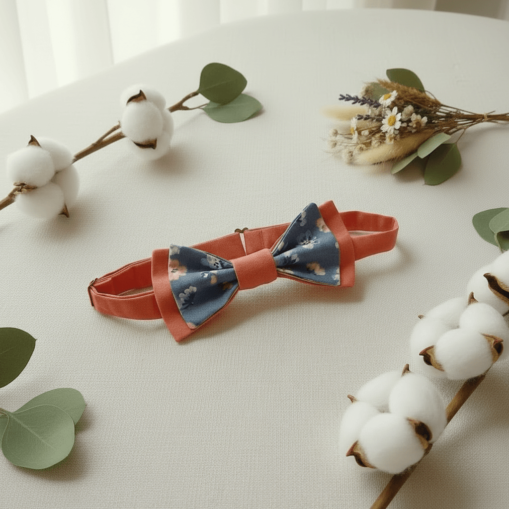 Nœud papillon enfant réglable corail et tissu bleu fleuri, mis en scène avec branches de coton naturel et eucalyptus, fait main L'Atelier de Megh
