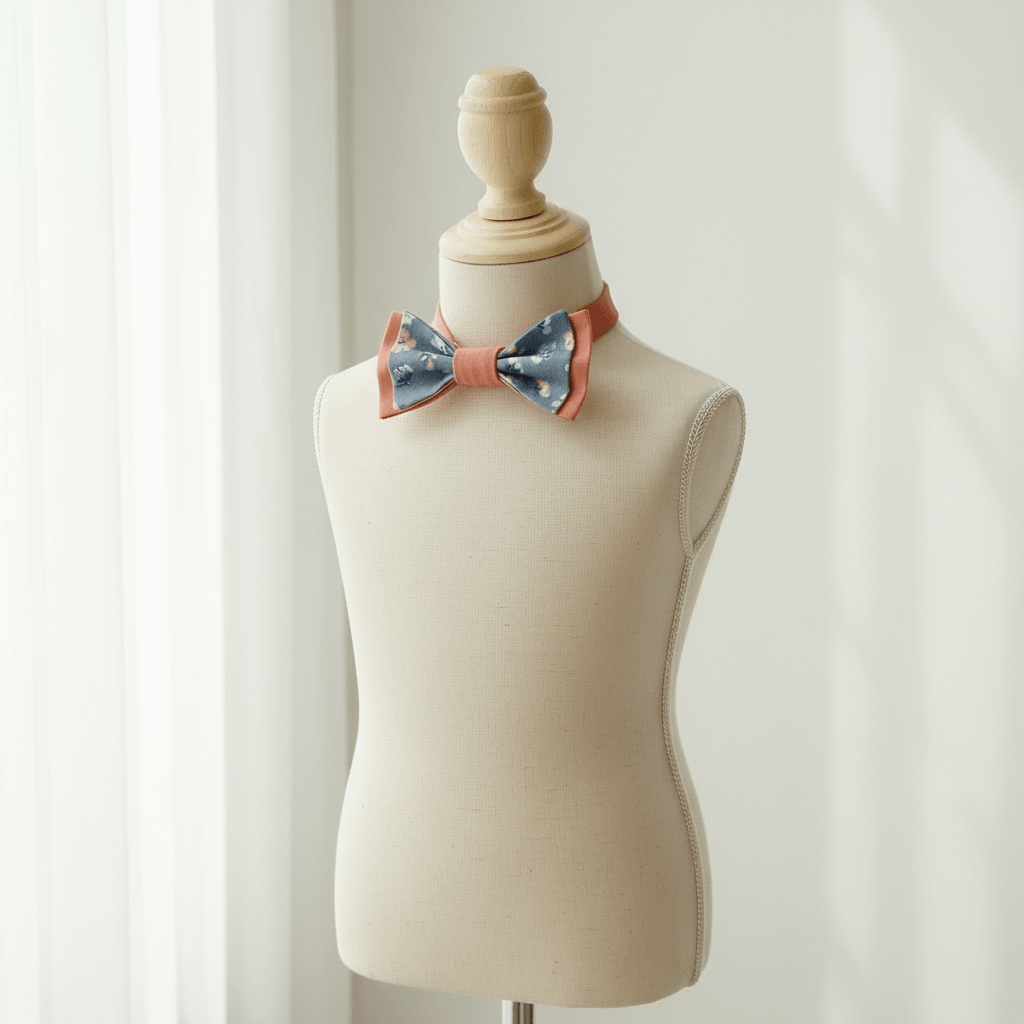 Nœud papillon enfant bleu motif floral et bordure rose sur mannequin, accessoire élégant